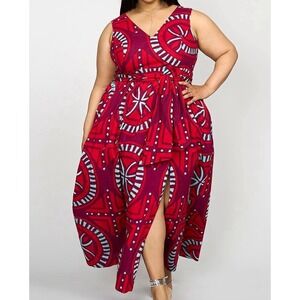 D'IYANU Maxi Dress M Red Purple Geometric V-Neck Sleeveless Tie Side Slit Zip
